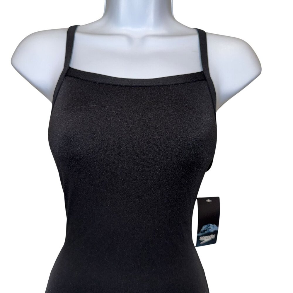 NWT Speedo Endurance + One Piece Swimsuit Womens 6 32 Black White Solid - Picture 2 of 7